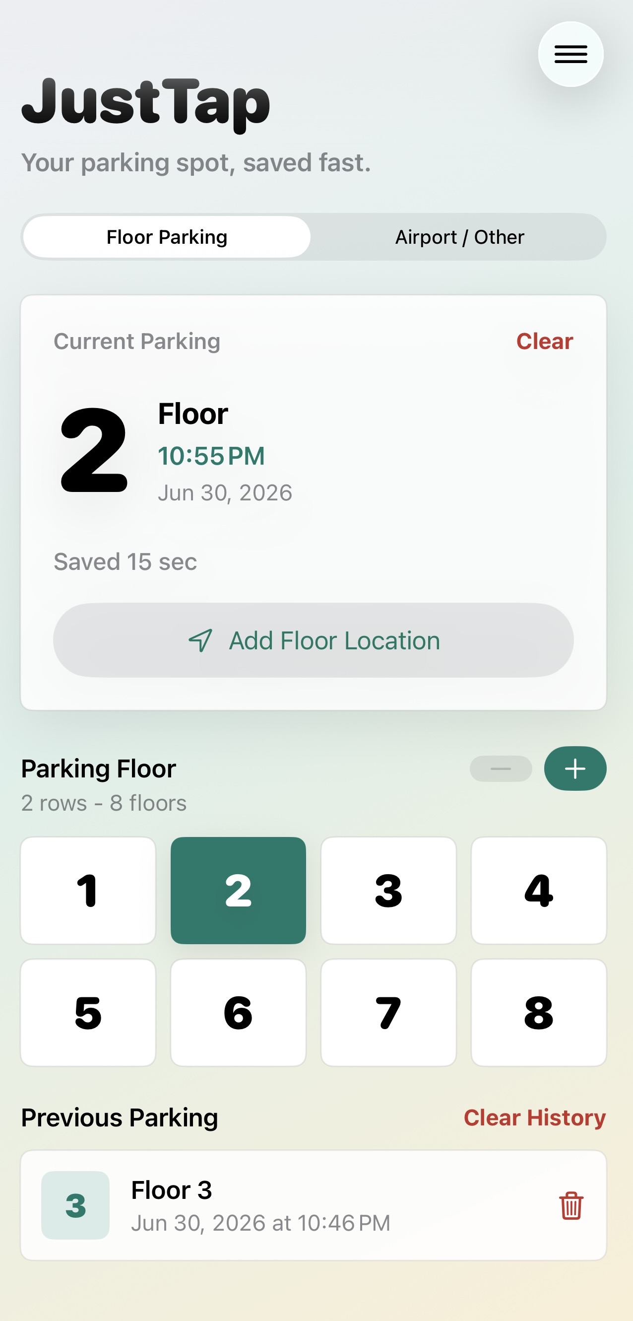 JustTap floor parking screen showing floor 2, the saved time, floor controls, and parking history
